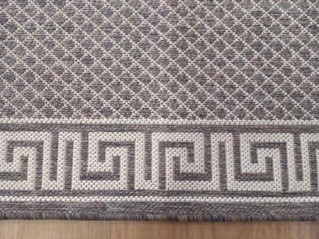 Hall Runner Flatweave 67 or 80cm wide Dahab Taupe Linen Rubber Backed By the Meter Greek Key