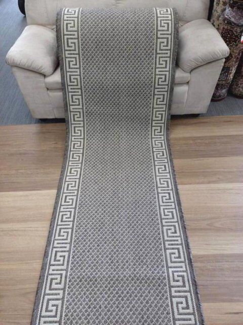 Hall Runner Flatweave 67 or 80cm wide Dahab Taupe Linen Rubber Backed By the Meter Greek Key