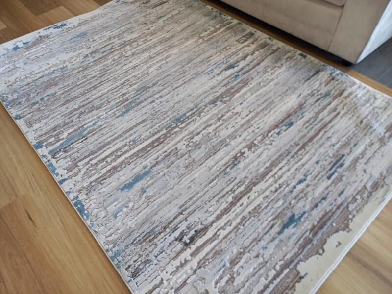 Super Soft Feel Fibers Worn Lines France Cream Blue 10mm Thick Abstract Floor Area Rugs