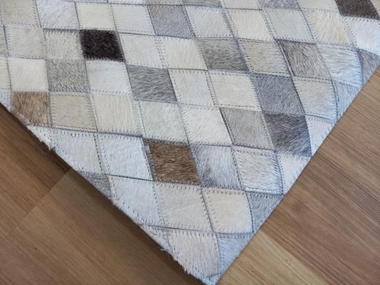Patchwork Grey Beige Black Diamonds Cowhide Floor Rug 4mm Thick