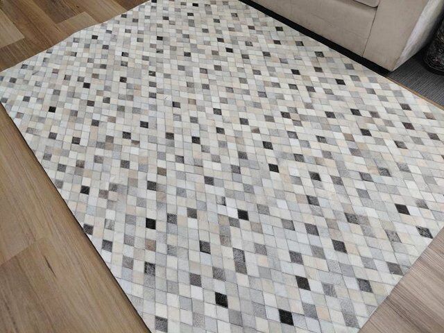 Patchwork Grey Beige Black Diamonds Cowhide Floor Rug 4mm Thick