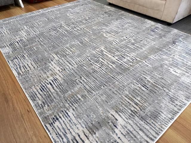 Super Soft Feel Fibers Lines Raj Cream Blue 10mm Thick Abstract Floor Area Rugs