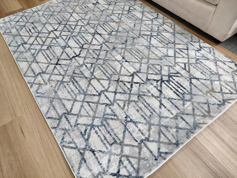 Super Soft Feel Fibers Mesh Worn Lines Raj Cream Blue 10mm Thick Abstract Floor Area Rugs