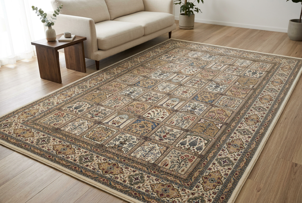 Room-setting revision with plain bound rug edges