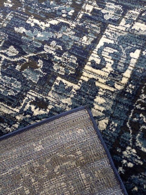 Persian Wash Design Floor Area Rugs & Runner Chorus Navy Medallions Soft Feel