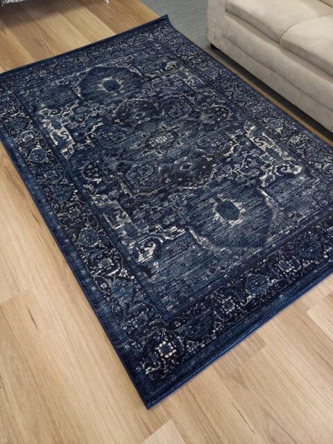 Persian Wash Design Floor Area Rugs & Runner Chorus Navy Medallions Soft Feel