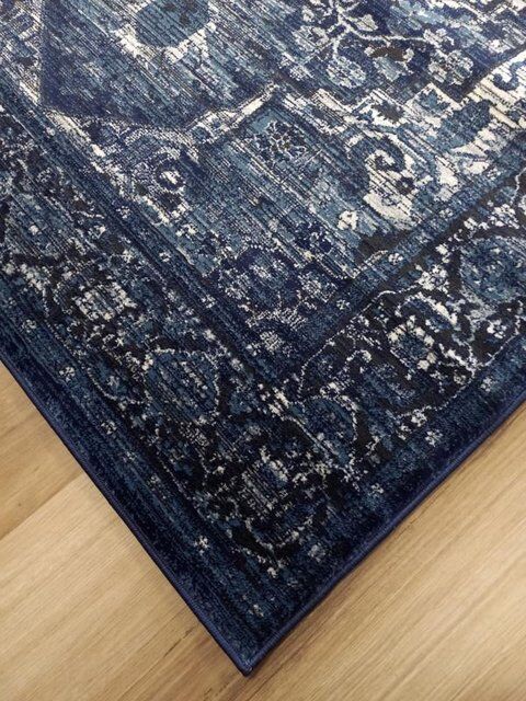 Persian Wash Design Floor Area Rugs & Runner Chorus Navy Medallions Soft Feel