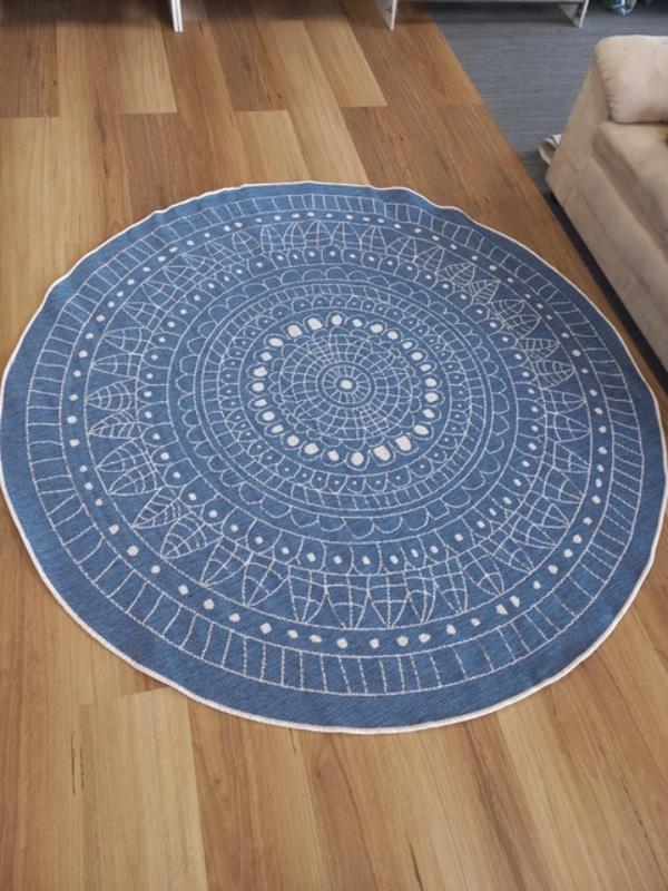 Washable & Reversible Outdoor Patio Floor Circles Terrazzo Mosiac White/Ocean